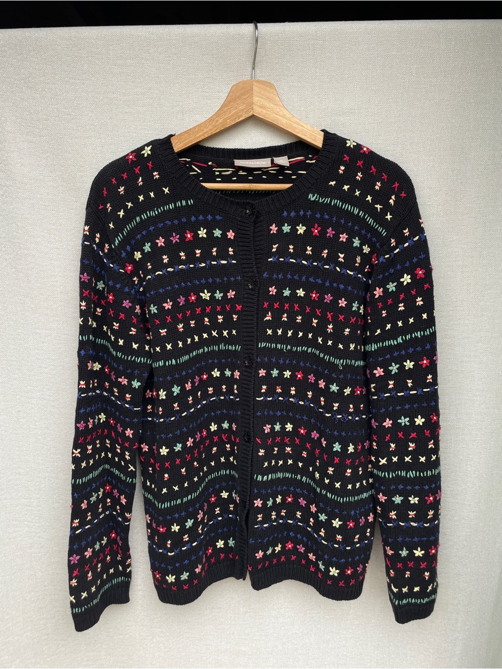 Vintage Nordstrom Black Multicolor Knit Cardigan Sweater